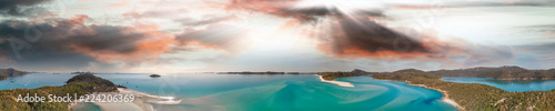 Whitehaven Beach, Queensland. Sunset panoramic aerial view from drone prospective