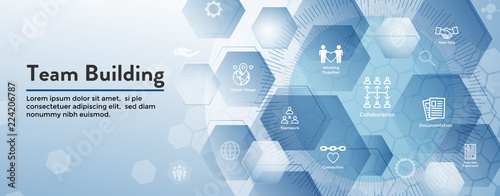 Team Building, Teamwork, - Connectivity Icon Set with Stick Figures and Intersections Web Header Banner