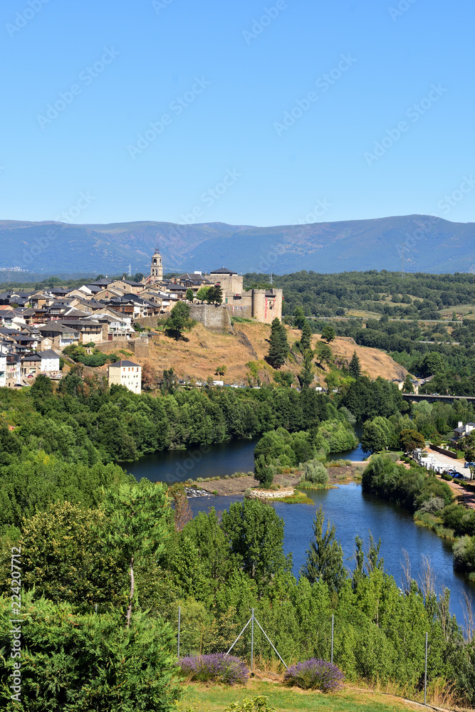Elevated view of the medieval town of Puebla de Sanabria and the river Tera, Zamora province, Castilla-Leon, Spain