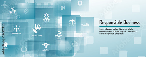 Social Responsibility - Web Banner Icon Set and Web Header Banner w Honesty, integrity, collaboration, etc