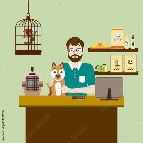 Pet shops seller at a counter in a store opposite shelves with dog. Flat vector illustration.  Accessories for animals care, food, birdcage, etc.  Pet shop concept.