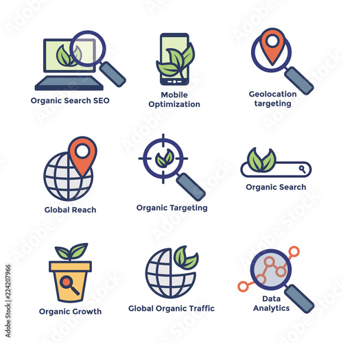Search and SEO Web Header Hero Image Banner with organic growth, search, and locality ideas icon set