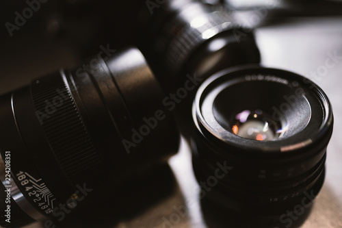 camera lens on black background