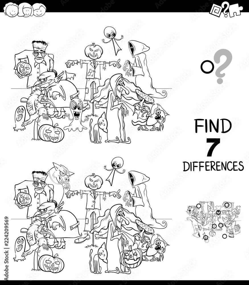 differences game with Halloween characters color book differences game with Halloween characters color book