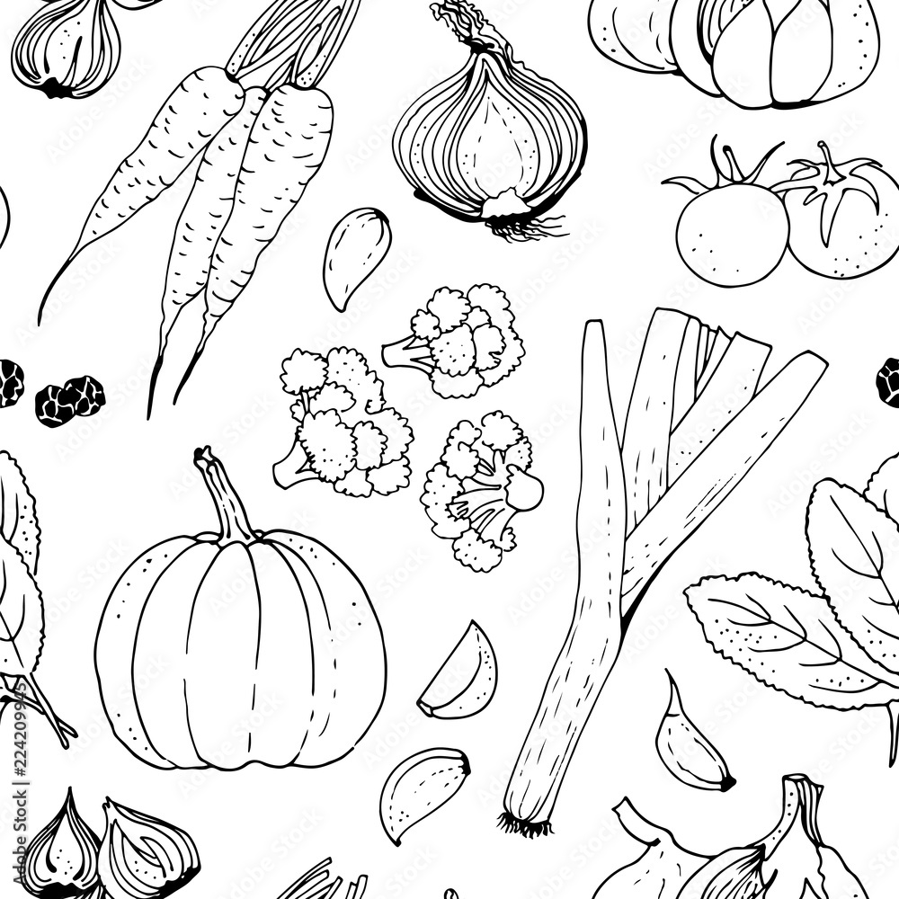 Vegetable vector seamless pattern, hand drawn background
