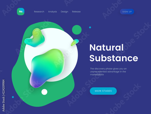 Landing page template with a blue background and abstract liquid shapes - Natural Substance, can be used for presentation, cover, business communication and branding theme web sites.