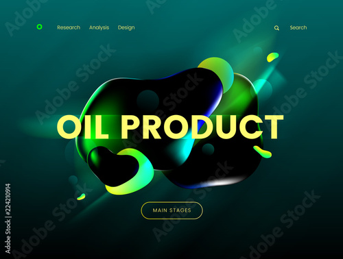 Landing page template with a green background color and abstract liquid shapes, can be used for gas, petrol, gasoline industries, as well as for branding ecology cleen fuel web sites. photo