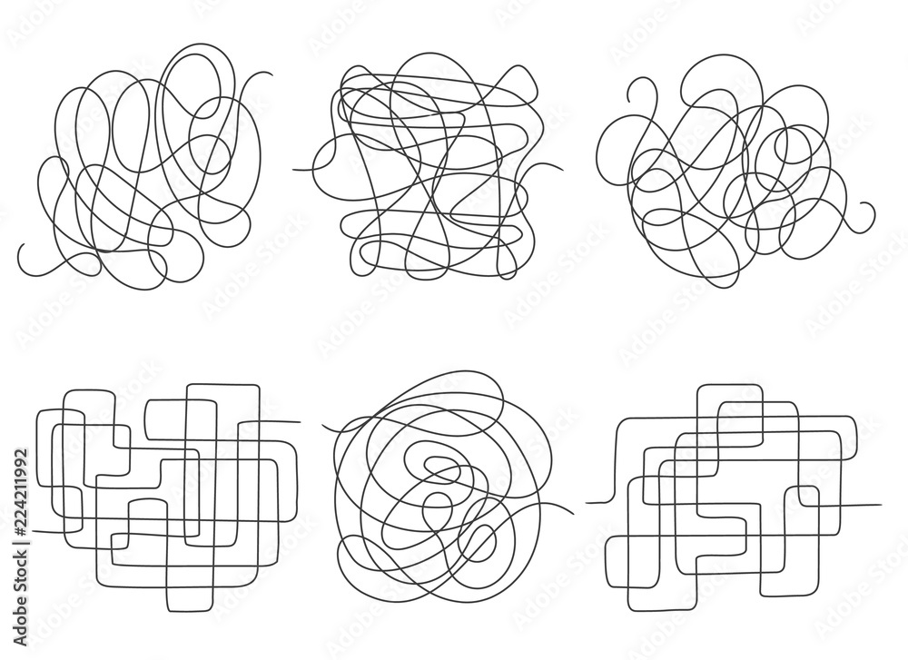 Chaos lines. Tangled clew set vector illustration, insane scribble lines or confused brain doodle scribbles symbols Chaos lines. Tangled clew set vector illustration, insane scribble lines or confused brain doodle scribbles symbols