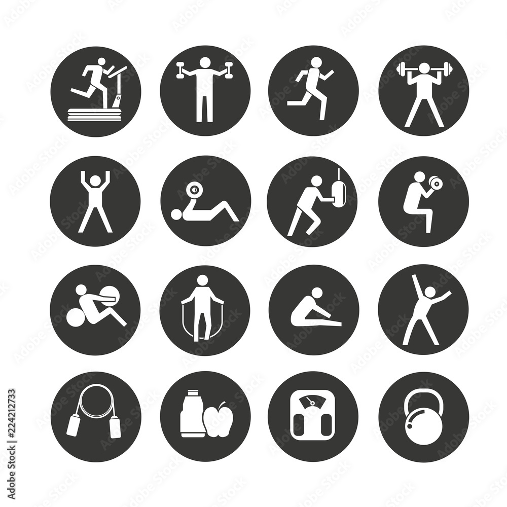 fitness icon set in circle buttons