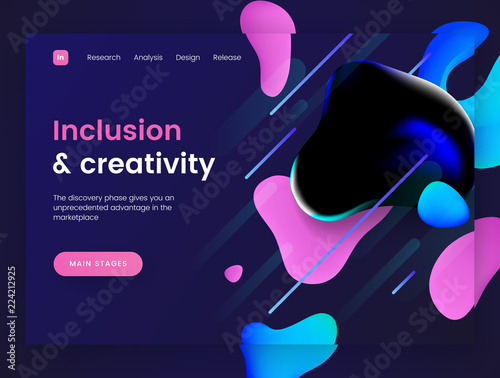 Dark landing page template with a liquid futuristic background - Inclusion and Creativity, can be used for innovation startup, development and creative dynamic web sites.