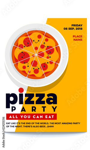 Vector Illustration of Pizza. Pizza Party Flyer Invitation Template Design. Cute Pizza Character