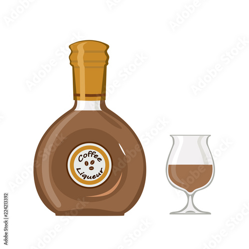 Bottle coffee liqueur with glass, isolated on white background