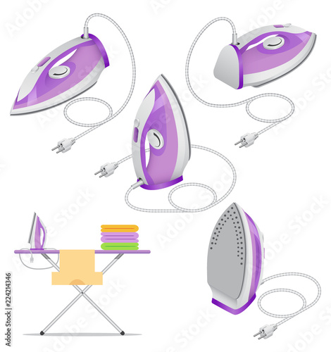 Isometric set of steam iron isolated on white background. Ironing of clothes, home appliance, ironing board. Vector illustration.