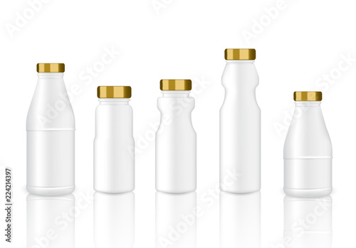 Mock up Realistic White and Gold Plastic Packaging Product For Milk,  Soft Drink or Water Juice Bottle isolated Background.