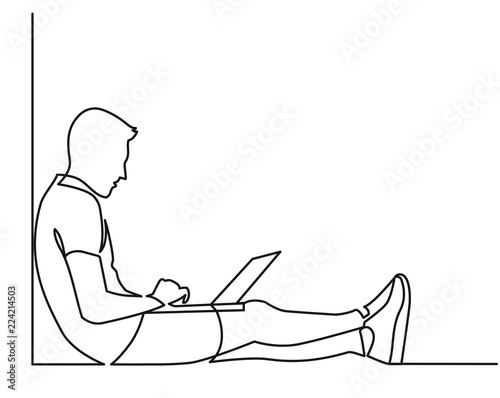 continuous line drawing of a guy sitting with laptop computer. One line vector illustration man outdoors at work on the computer.