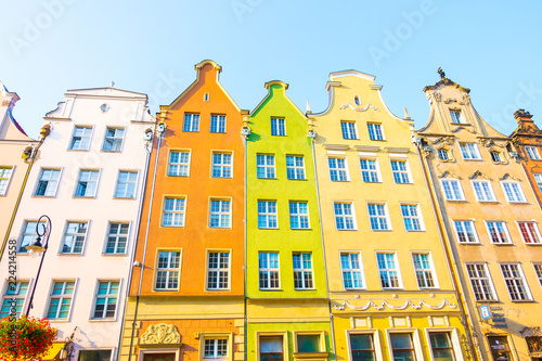 Long Market Street, typical colorful decorative medieval old houses, Royal Route Architecture of Mariacka street is one of most notable tourist attractions. Flat design.