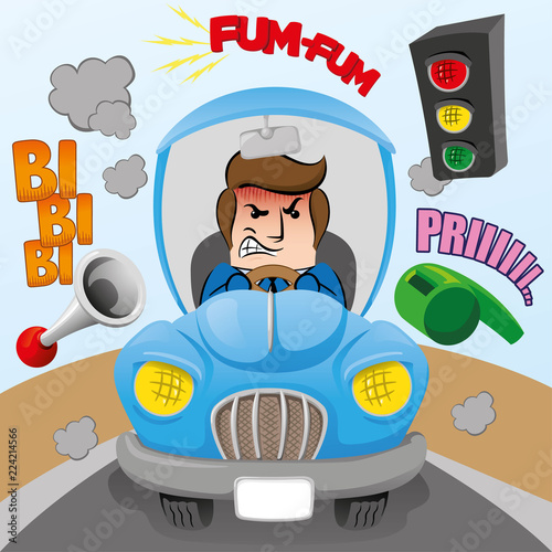 Illustration of mascot executive person with social clothing, nervous, angry while driving a car, stressed with noise pollution. Ideal for catalogs, information and institutional material