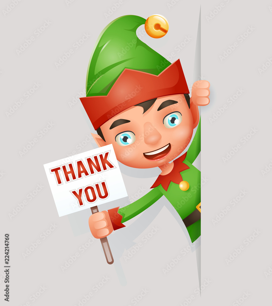 Thank you poster look out corner boy cute elf christmas santa claus helper  cartoon character vector illustration Stock Vector | Adobe Stock