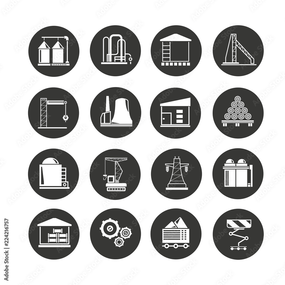 industrial building icon set in circle buttons