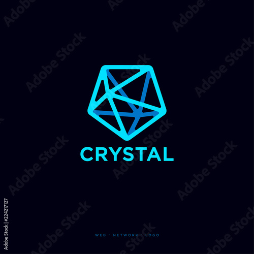 Crystal logo. Five-pointed blue crystal and letters on a dark background.