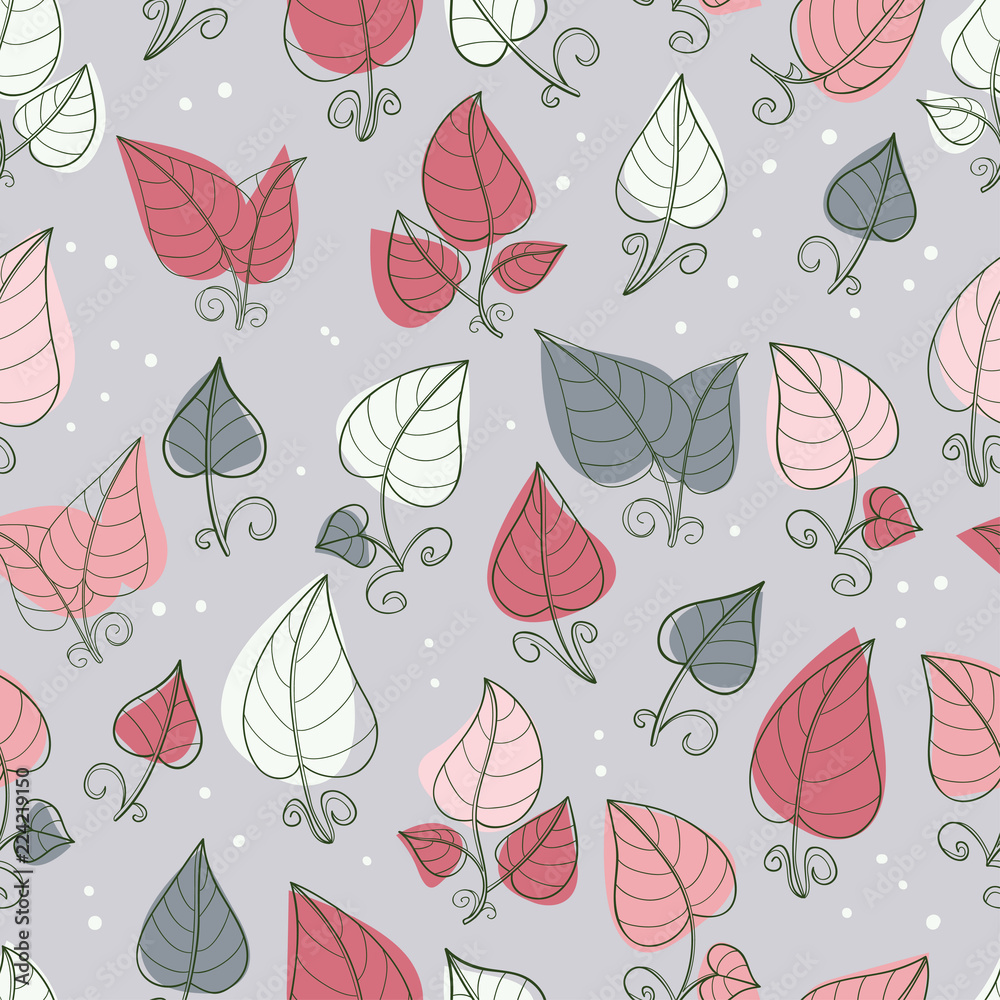 Seamless pattern of hand-drawn and colored leaves.Vector graphics .