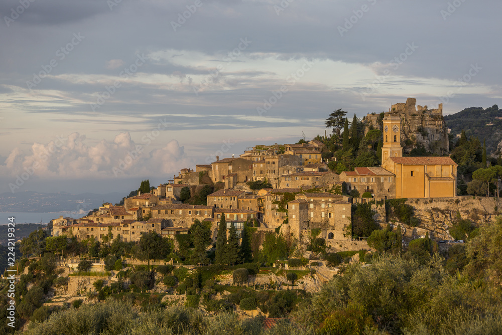 View of Eze medieval village at sunrise