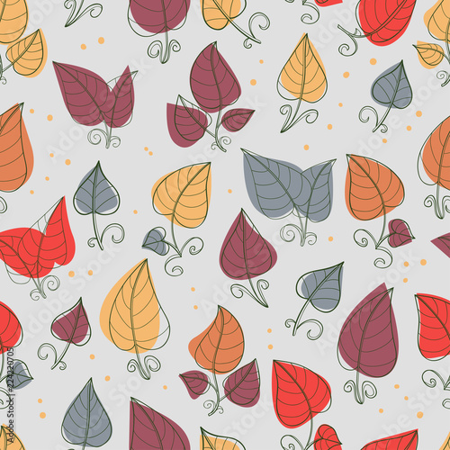 Seamless pattern of hand-drawn and colored leaves.Vector graphics . 