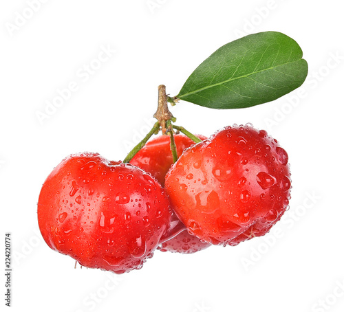Barbados cherry, Malpighia emarginata,with drops of water isolated on white background ,