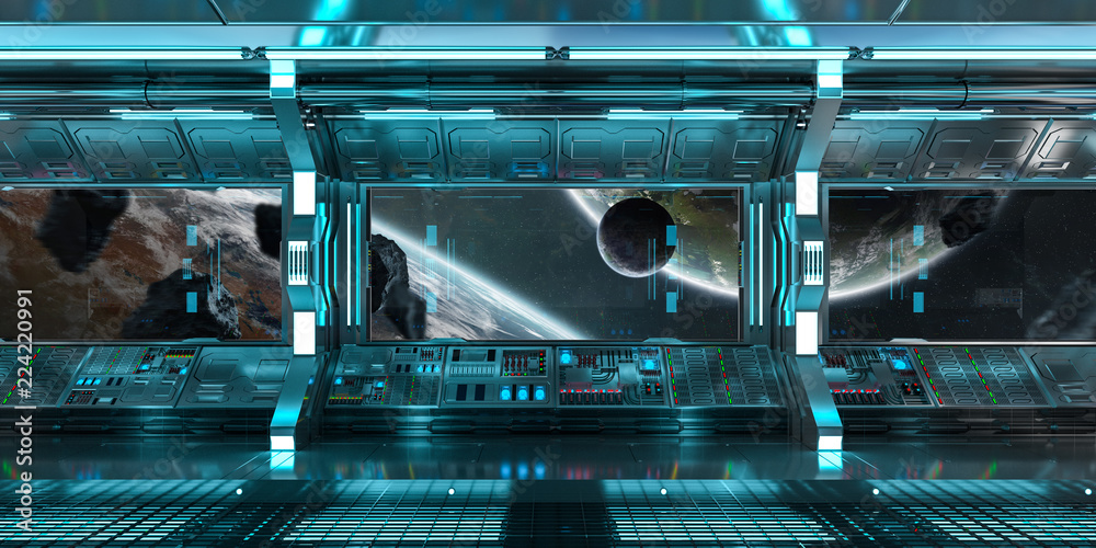 Obraz premium Blue spaceship interior control panel station 3D rendering