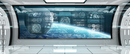 Fototapeta Naklejka Na Ścianę i Meble -  White spaceship interior with control panel digital screens 3D rendering