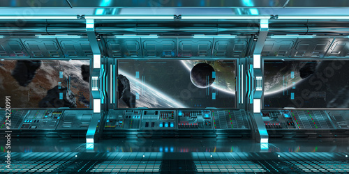 Fototapeta Naklejka Na Ścianę i Meble -  Blue spaceship interior control panel station 3D rendering