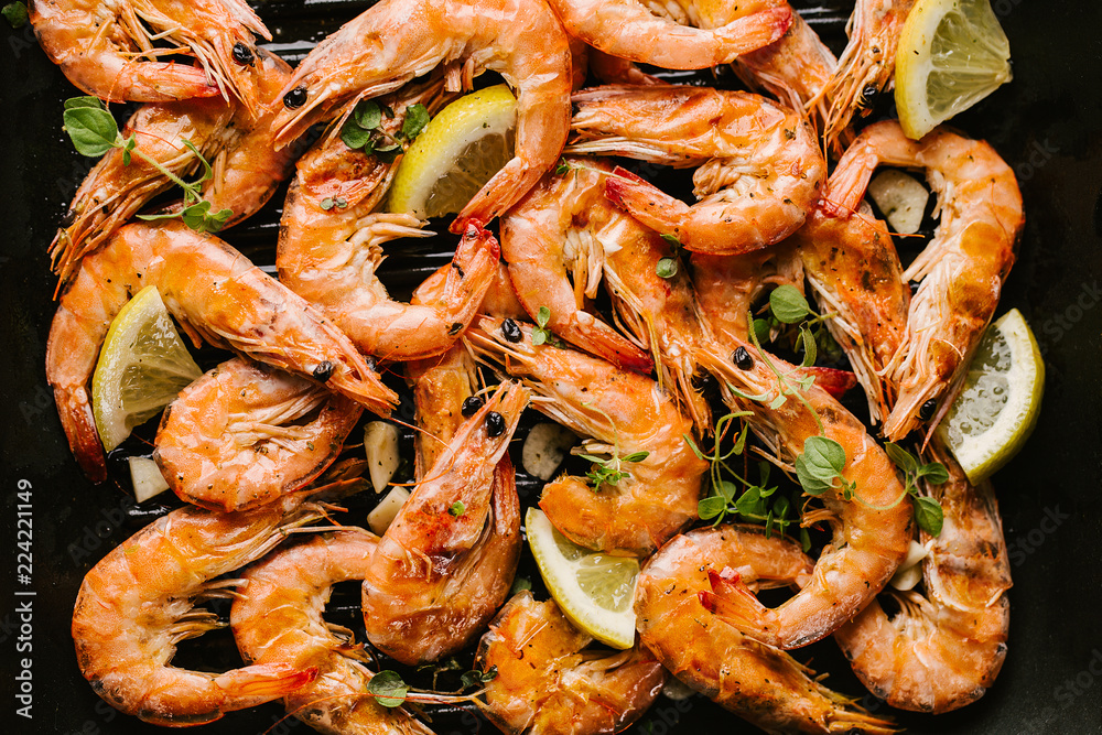 Roasted grilled shrimps on pan Roasted grilled shrimps on pan