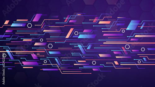 Colorful abstract circuit board with hexagon grid pattern