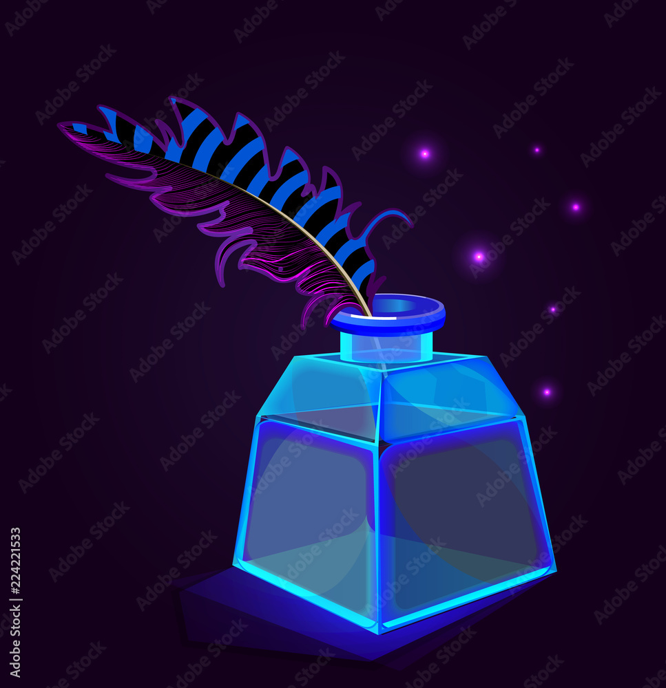 illustration of blue transparent ink bottle, light blue bottle with