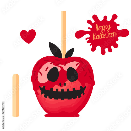 Apple with red caramel Sweet candy on sticks. Happy Halloween dessert. Vector illustration on white background.
