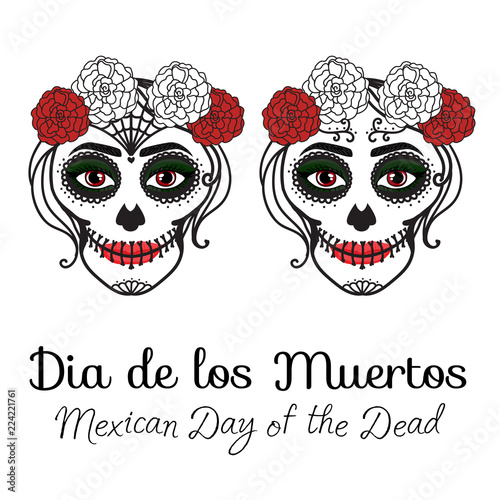 Catrina woman with make up of sugar skull. Dia de los muertos. Mexican Day of the dead. Vector illustration hand drawing