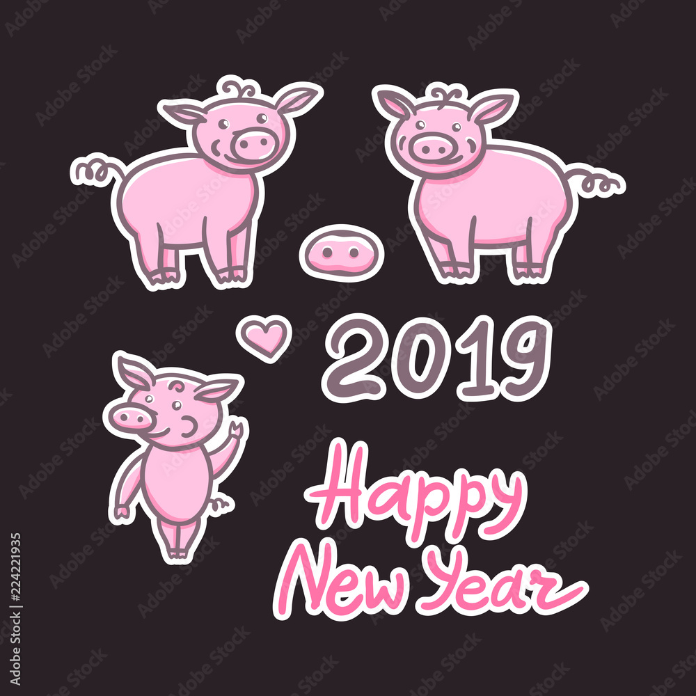 Obraz premium Set of Pigs cute doodle pencil hand drawing. Inscription sticker Happy New Year. Chinese year sign 2019. Vector illustration isolated on dark background.