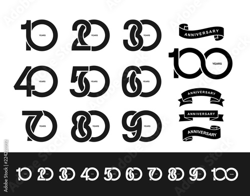 Set of anniversary pictogram icon. Flat design. 10, 20, 30, 40, 50, 60, 70, 80, 90, 100 years birthday logo label, black and white stamp. Vector illustration. Isolated on white background. photo