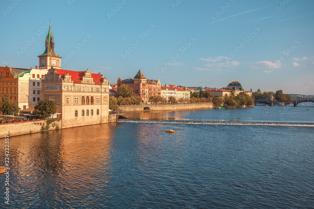 View to Vitava river from Charles Bridge in Prague, beautiful summer day