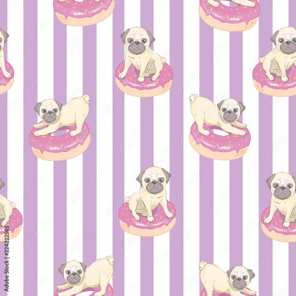 Fototapeta premium Pink seamless pattern with funny french bulldog and donut.