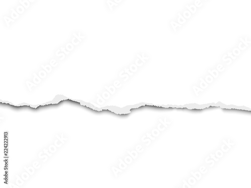 Torn bottom side of sheet of white paper placed horizontal from left to right. Vector paper mockup.