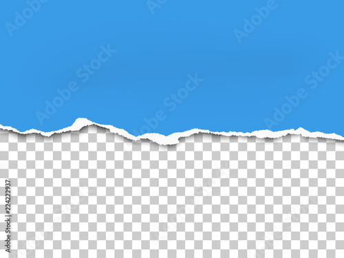 Torn bottom side of sheet of blue paper placed horizontal from left to right. Vector paper mockup.