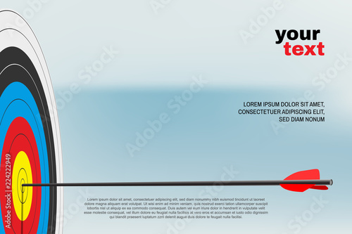 Archery target with arrow and text blocks on blue background. Vector landing page, poster or banner template.