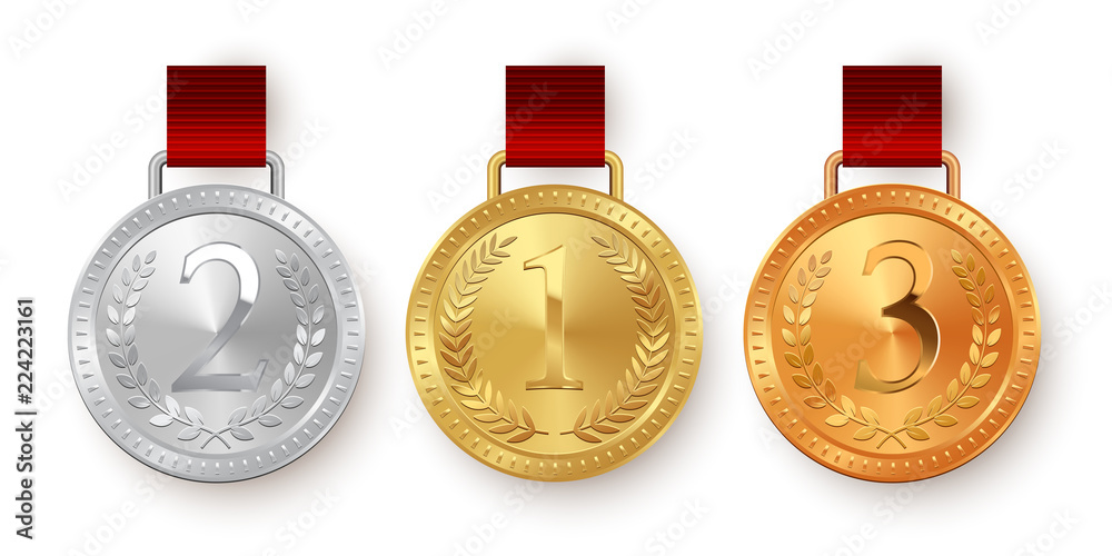 Vector gold, silver and bronze medals with red ribbons isolated on ...
