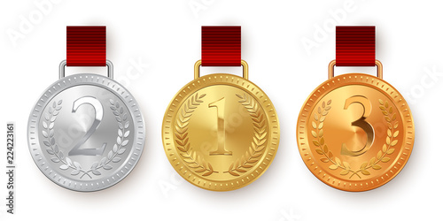 Vector gold, silver and bronze medals with red ribbons isolated on white background. 