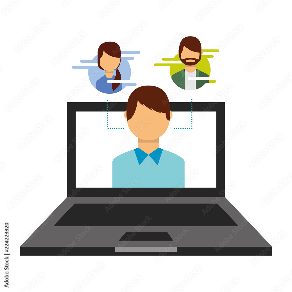 man on screen laptop people social media connection man on screen laptop people social media connection