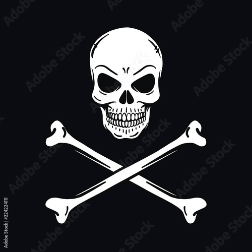 evil looking horror skull. Black background. Outline, vector, tattoo, halloween, poisonous, deadly, isolated