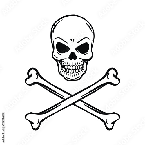 evil looking horror skull. Black background. Outline, vector, tattoo, halloween, poisonous, deadly, isolated