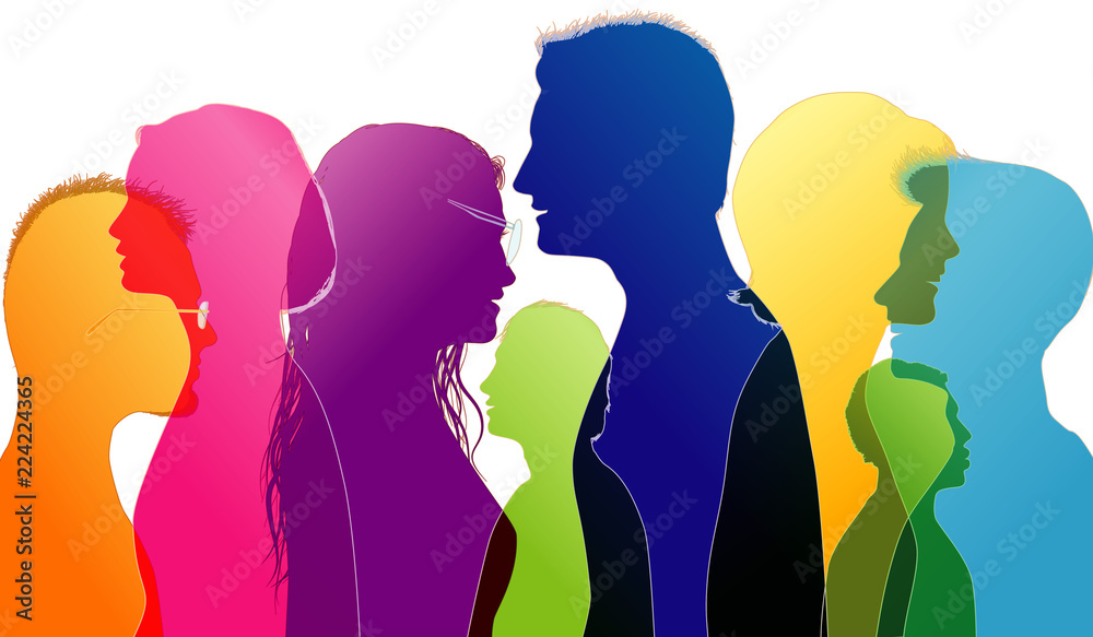 Dialogue and comparison between university students. Young people talking. Colored silhouette profiles. Multiple exposure Dialogue and comparison between university students. Young people talking. Colored silhouette profiles. Multiple exposure