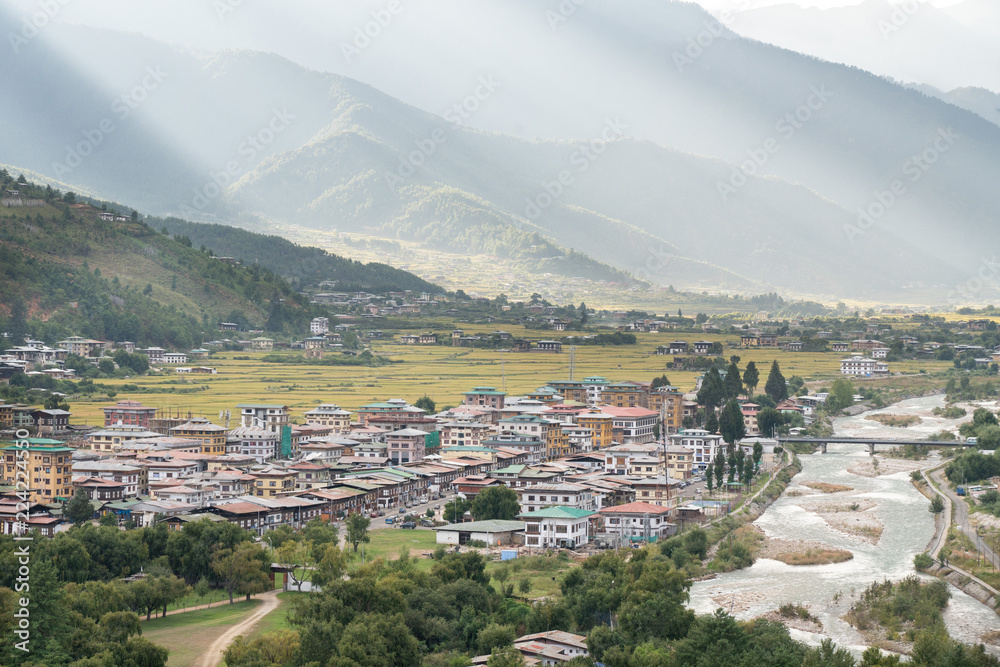Naklejka premium Aerial View of the city of Paro, Bhutan